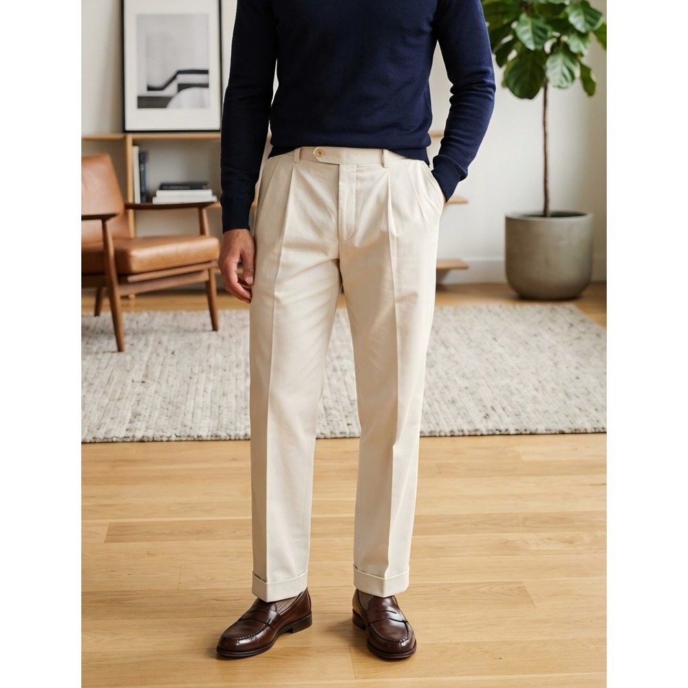 Ralph Lauren Mens Vintage 90s Pleated Cuffed Cream Chino Cotton Pants 36x30